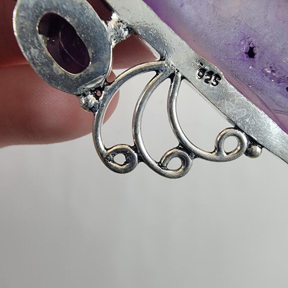Handmade Silver Pendant – Purple Druzy Agate & Amethyst + 20" Silver Snake Chain - Picture 5 of 10